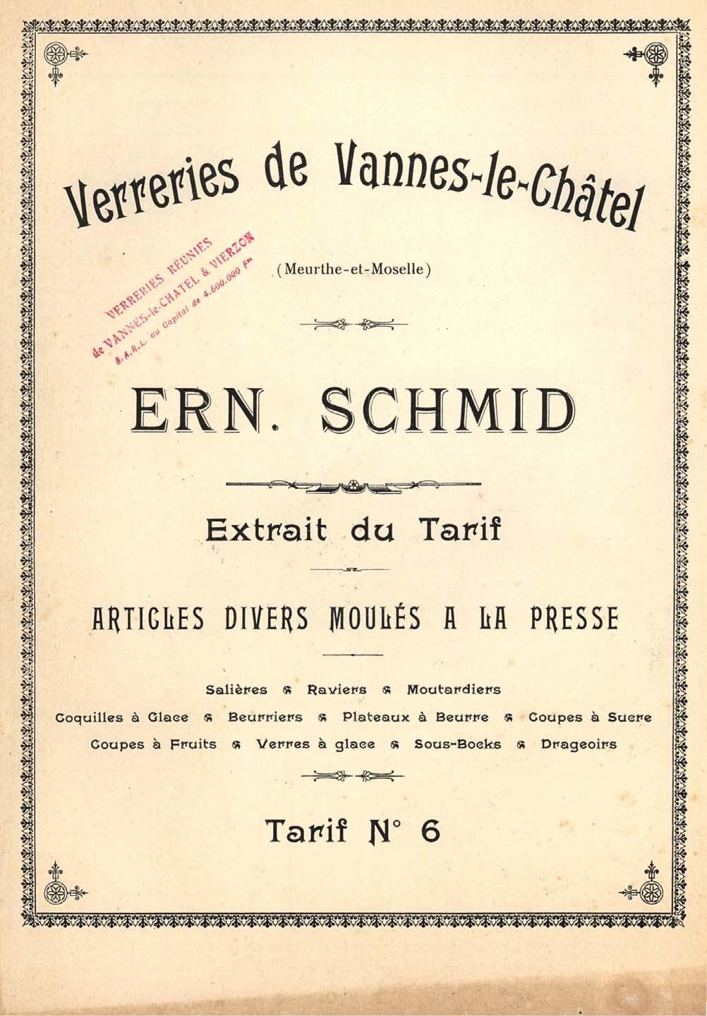 Abb. 2016-2-01/T601; MB Verreries de Vannes-le-Châtel, Ern. Schmid, um 1930; Extrait de l Album, Tarif No.