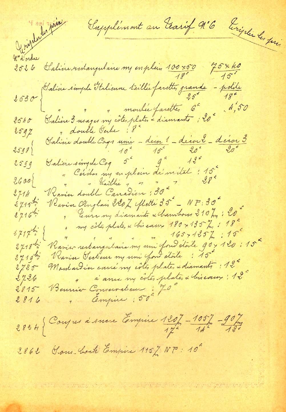 Abb. 2016-2-01/T601r; MB Verreries de Vannes-le-Châtel, E. Schmid, um 1930, Rückseite Titelblatt, Tarif No. 6; Supplément Tarif No.