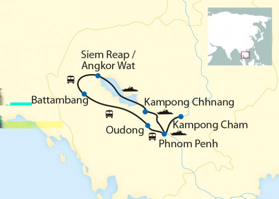 Schiffsreise Asien Kambodscha Stadt, Land, Fluss 14-tägige Erlebnisreise mit 5-tägiger Flusskreuzfahrt durch Kambodscha Reiseübersicht Entdecken Sie Kambodscha!
