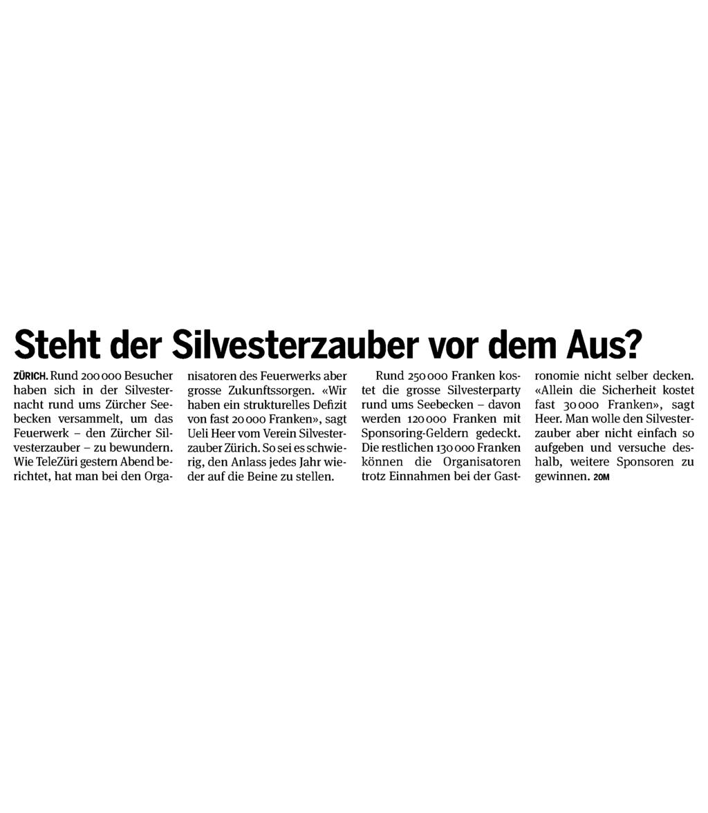 «Wir haben ein strukturelles Defizit von fast 20000 Franken», sagt Ueli Heer vom Verein Silvesterzauber Zürich. So sei es schwierig, den Anlass jedes Jahr wieder auf die Beine zu stellen.