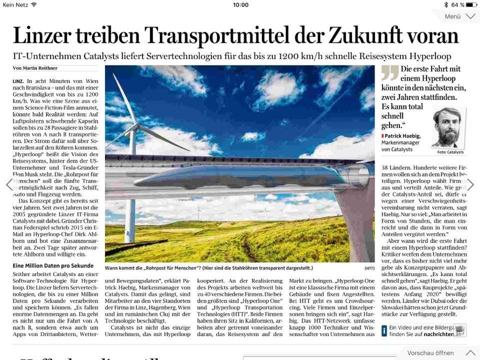 Hyperloop Linzer treiben Transportmittel der Zukunft voran OÖ Nachrichten 25.02.2017 + (Newsletter IV) http://www.