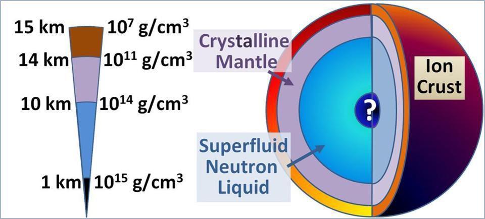 Durch die schnelle Rotation entstehen im suprafluiden Inneren Quantenwirbel, deren Vortices aus normaler Neutronenflüssigkeit bestehen, Sie ragen in die starre Kruste hinein und koppeln damit die