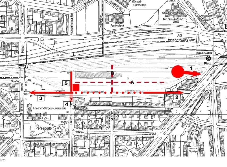 Fixpunkte der Ordnung sind - die Erschließung des Gewerbestandortes von der Hauptstraße über einen neuen Knotenunkt mit der Rubensstraße als Ein- und Ausfahrt ohne zweite Abflussmöglichkeit (1).