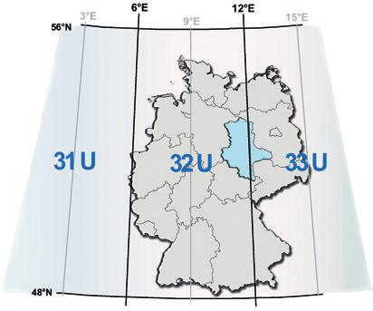 Universalen Transversalen Mercator-Abbildung (UTM) Bezugsellipsoid: Geodätisches Referenzsystem 1980 (GRS80) Datum: an die Lage des stabilen Teils der europäischen Kontinentalplatte im ITRF89