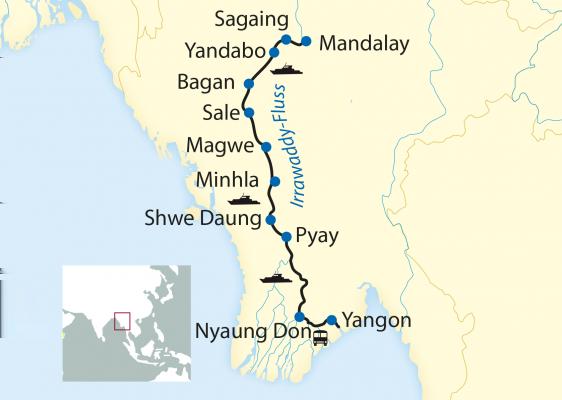 Schiffsreise Asien Myanmar Lebensader Myanmars: Von Yangon nach Mandalay 14-tägige Erlebnisreise mit 11-tägiger Flusskreuzfahrt zwischen Yangon und Mandalay Reiseübersicht Auf dieser einzigartigen