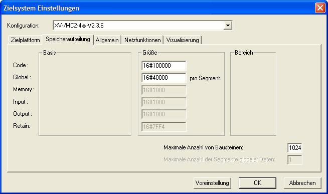 Benutzerhandbuch MXpro 2.3.6 / PLCWinCE 2.4.1 Zielsystemeinstellungen 5.2 SPEICHERAUFTEILUNG Code Grösse Standardmässig 1024kB (16#100000) Speicher für den Programmcode.
