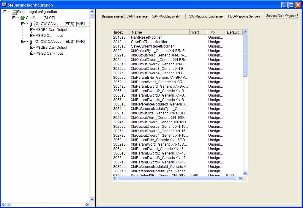 Benutzerhandbuch MXpro 2.3.6 / PLCWinCE 2.4.1 Steuerungskonfiguration Service Data Objects Hier werden alle Objekte der EDS- bzw.