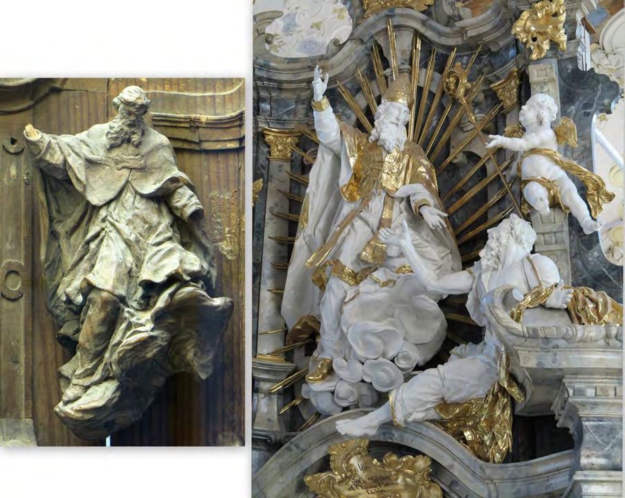 Abb. 2: Links Figürchen am Altarmodell von Joseph Stapf, Heimathaus in Pfronten; rechts Auszugsgruppe mit dem hl. Martin am Hochaltar der Pfarrkirche St.