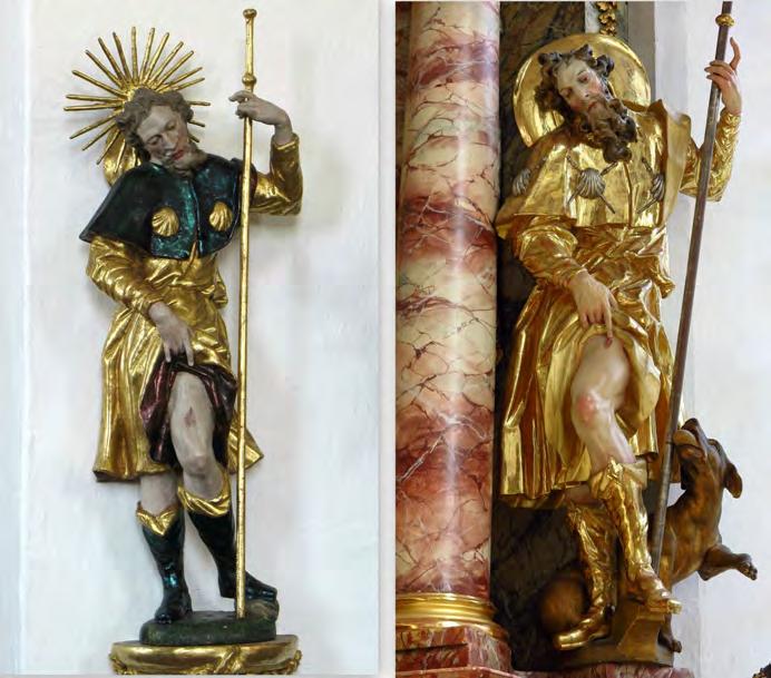 Abb. 3: Links die Kleinplastik eines hl. Rochus in der Kapelle von Pfronten-Röfleuten; rechts die lebensgroße Figur desselben Heiligen in der Pfarrkirche von Rettenberg, beides von Peter Heel.