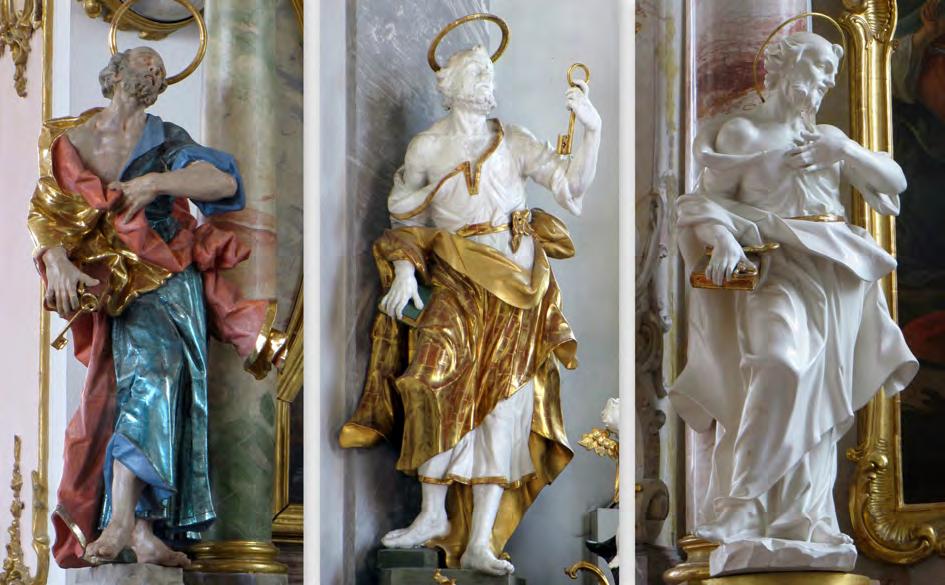 Abb. 6: Dreimal der hl. Petrus. Linkes Bild: am rechten Seitenaltar in der Wallfahrtskirche von Speiden (Peter Heel, nach 1732).
