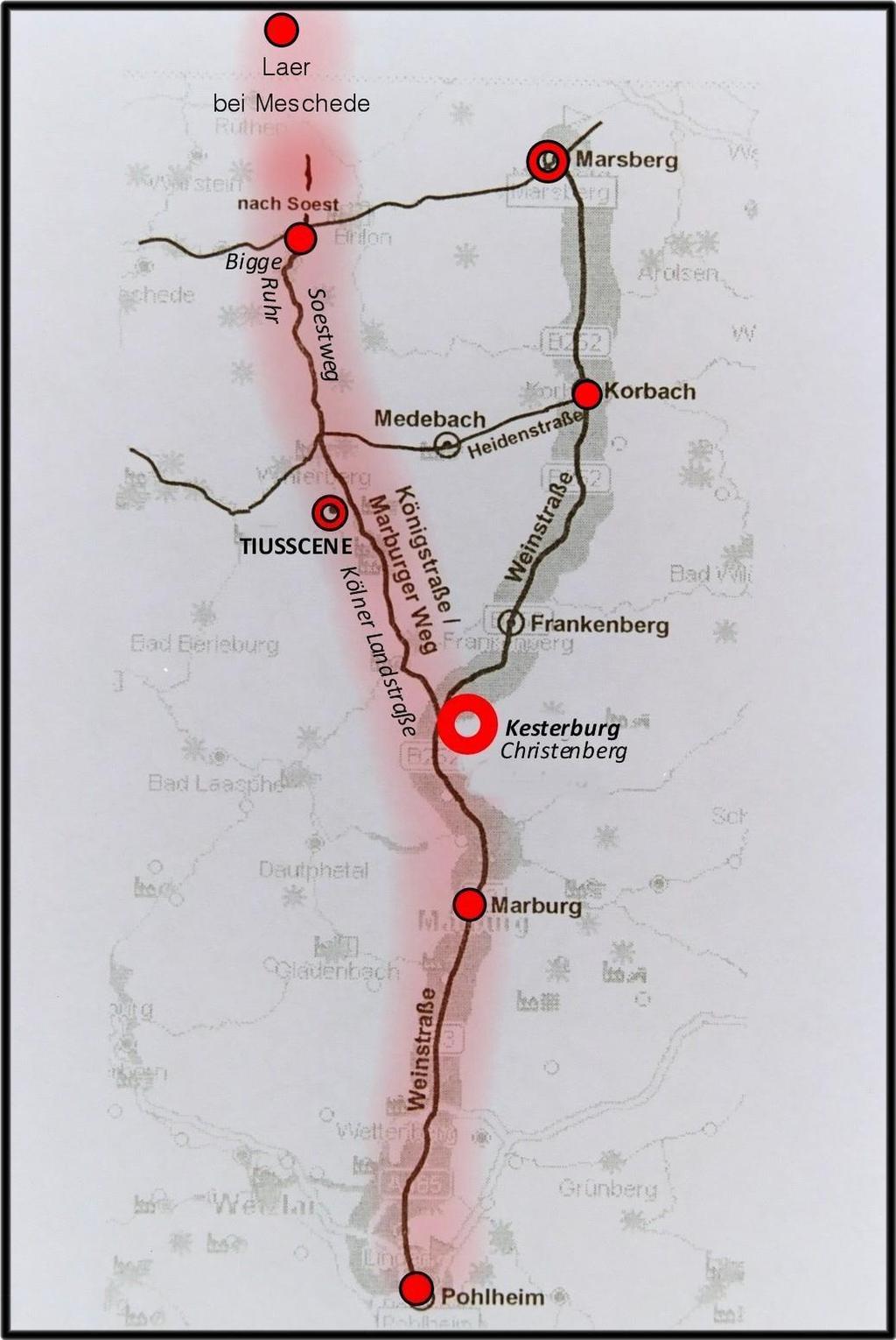 Vermutlich mittelalterliche Etappenorte an der Süd-Nordachse, zwischen Lahn, Ruhr und dem Hellweg.