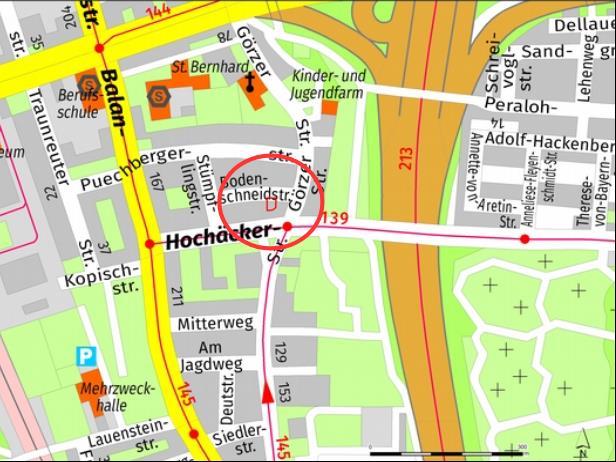 Grundstück Bodenschneidstraße 14 Flst. 1073/10 Gemarkung Perlach Die Bebaubarkeit richtet sich nach 30 i.v.m. 34 des Baugesetzbuches (BauGB).