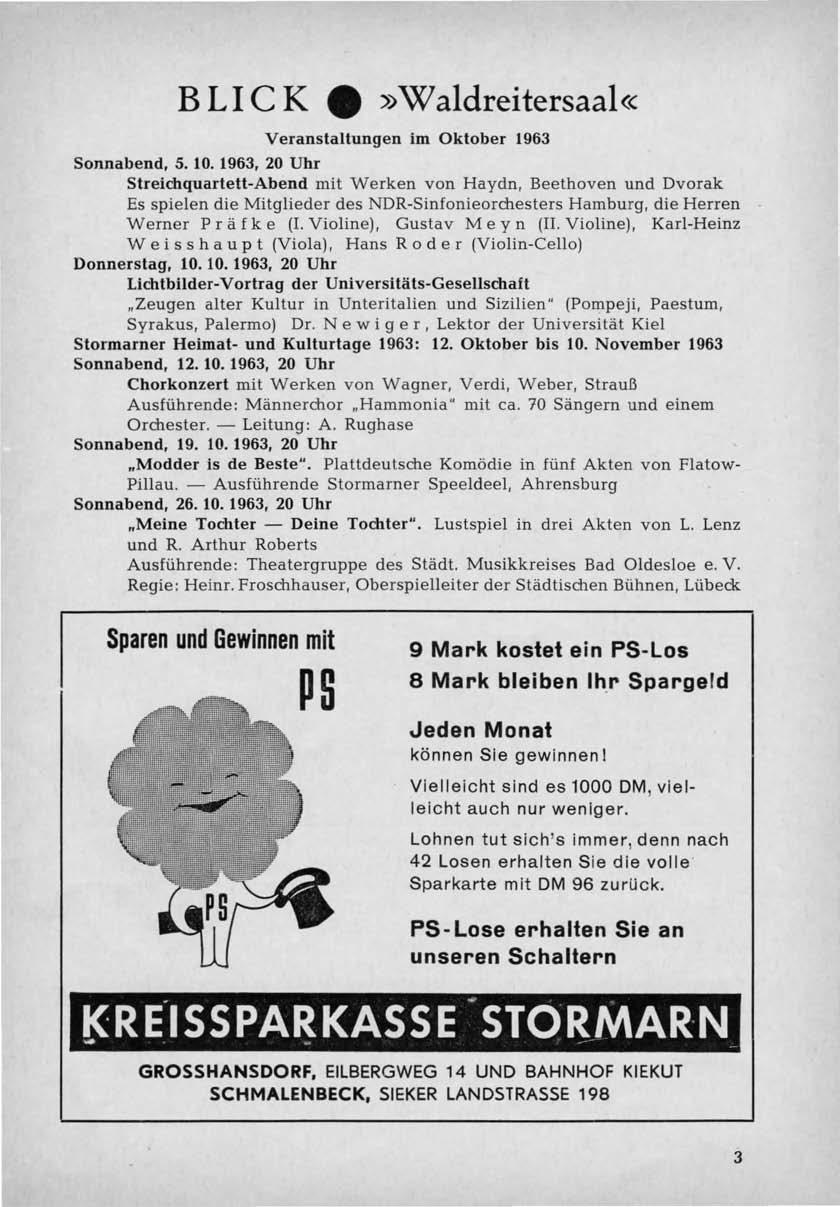 B LI C K e» Waldreitersaal«Veranstaltungen im Oktober 1963 Sonnabend, 5. 10.