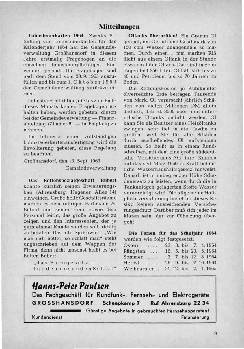 Mitteilungen Lohnsteuerkarten 1964.