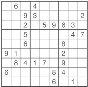Und so geht es: Platzieren Sie eine Zahl von 1 bis 9 in jeder leeren Zelle, so dass jede Zeile, jede Spalte und jeder Dreier- Block alle Zahlen von 1 bis 9 beinhaltet.
